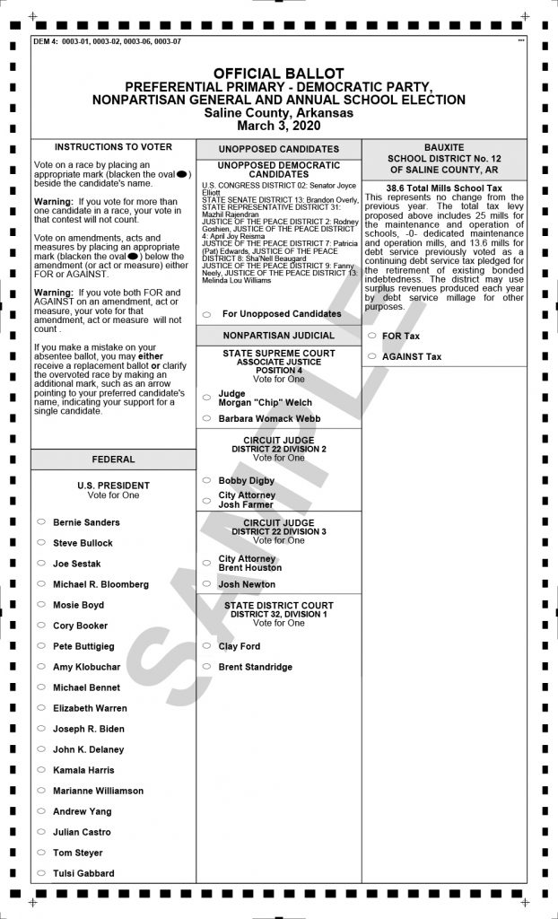 See all Democratic Sample Ballots for March 3, 2020 Primary Election