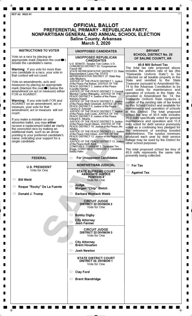 See all Republican Sample Ballots for March 3, 2020 Primary Election