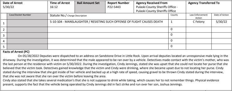 Pulaski County sheriff's office police report Cindy kaye jennings joshua manslaughter