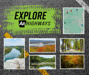 Green and black logo for 'Explorer AR Highways,' Google map of 5 contest locations, photographs of the 5 locations