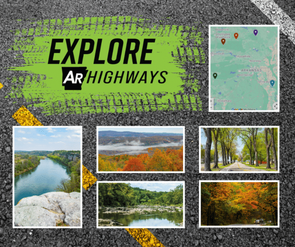 Green and black logo for 'Explorer AR Highways,' Google map of 5 contest locations, photographs of the 5 locations